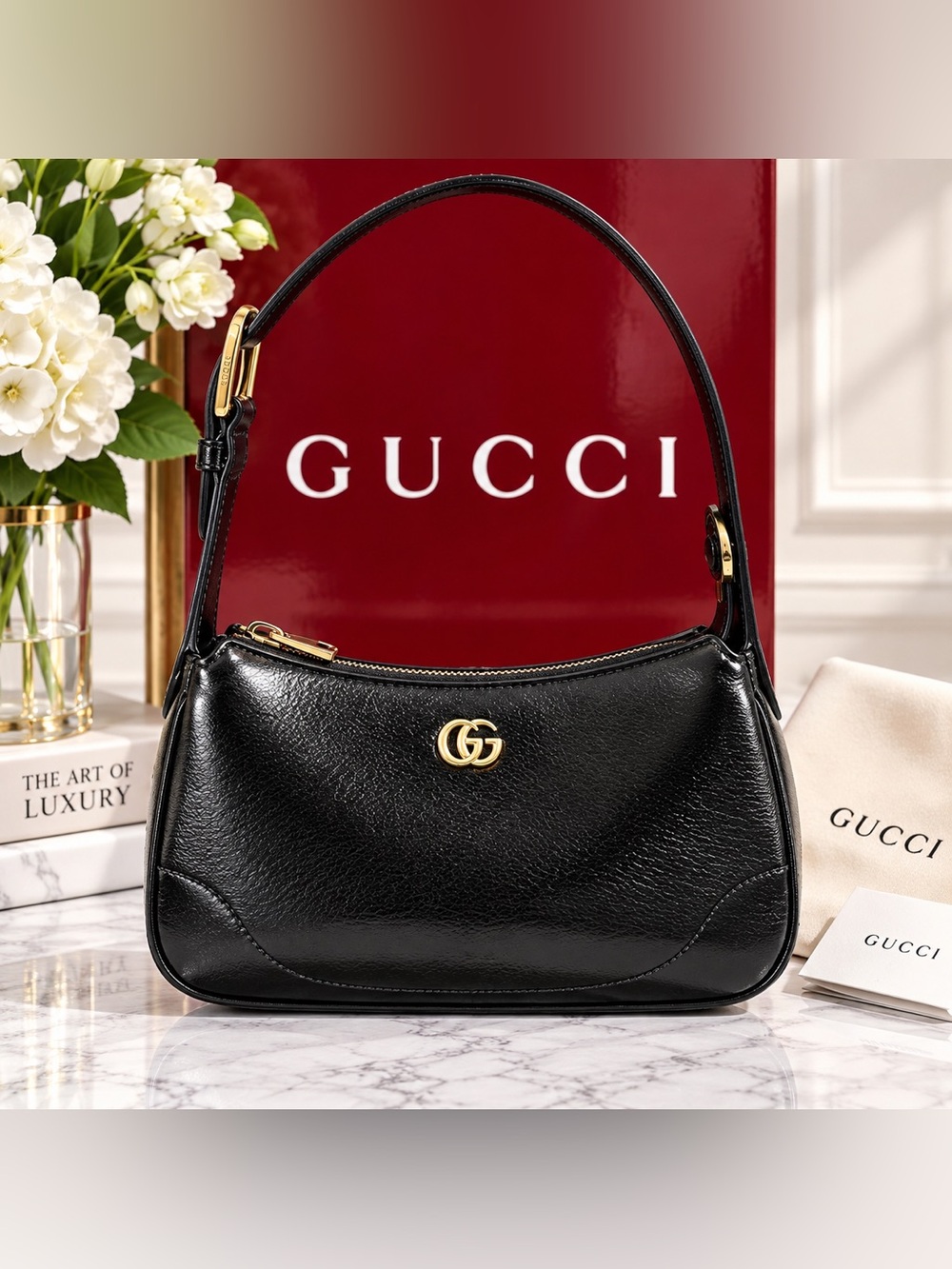 Gucci Black Leather Shoulder Bag with Gold Double G
